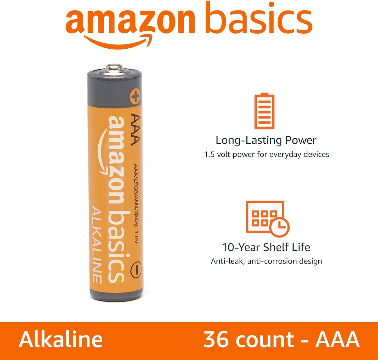 AAA Alkaline High-Performance Batteries, 1.5 Volt, 10-Year Shelf Life, 36 Count